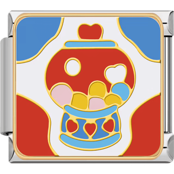 A cheerful red and blue gumball machine with heart shapes and colorful gumballs inside a silver Italian charm.